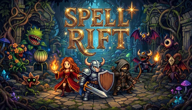 Spell Rift key art: Flamara, Blue Valor and Fletcher facing monsters in a jungle ruin