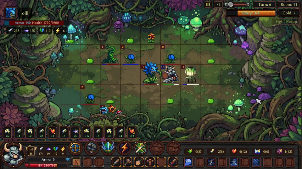 Turn-based battle on a grid in an enchanted forest